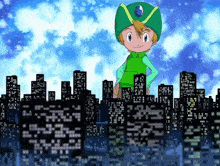 a boy in a green hat is standing in front of a city