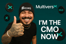 a man is giving a thumbs up in front of a banner that says ' i 'm the cmo now '