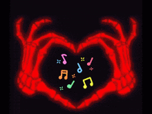 a pair of skeleton hands making a heart shape with music notes around them
