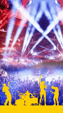 a silhouette of a band playing in front of a crowd of people
