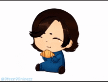 a cartoon drawing of a person eating a croissant with the username @ 9teen90ninezz