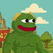 a cartoon frog with a laurel wreath on his head and the number 42 behind him