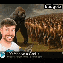 a man stands in front of a painting of a gorilla and a row of men