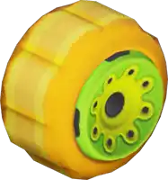 a yellow wheel with a green rim and black spots