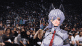 a woman in a military uniform is standing in front of a crowd