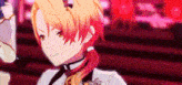 a close up of a person 's face in a video game with a red background .
