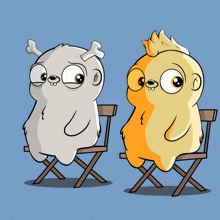 a cartoon of two bears sitting in director 's chairs with the words daaaadamn written below them