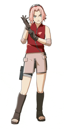 a girl with pink hair is wearing shorts and a red vest