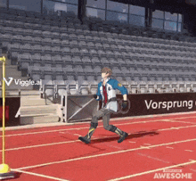a man running on a track with a sign that says vorsprung on it