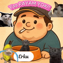 a cartoon of a man smoking a cigarette and a bowl of food with the name erku on the label
