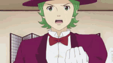 a cartoon character with green hair is wearing a purple suit and a red hat .