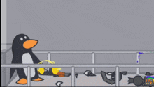 a penguin wearing headphones is next to a sign that says " deal with it "