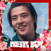 a picture of a smiling young man with the words pretty boy on it