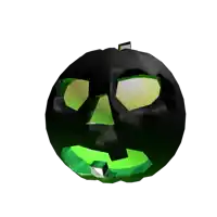 a black pumpkin with a green face and eyes