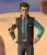 a cartoon character with a vest that says mission