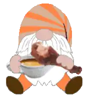 a cartoon of a gnome holding a bowl of soup and a piece of meat