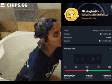 a woman in a bathtub next to a screen that says chips.gg on the top