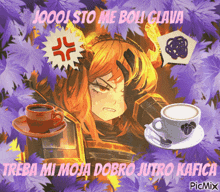 a picture of a girl with a cup of coffee and the words " joool sto me boli glava " on the bottom
