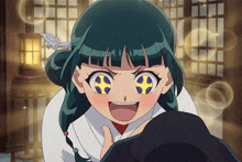 a girl with green hair and a yellow star in her eyes smiles