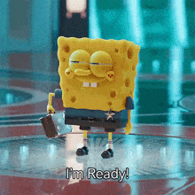 a picture of spongebob holding a briefcase and saying i 'm ready