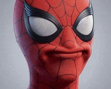 a close up of a spiderman mask with a funny face .