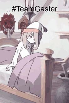 a cartoon of a girl sitting on a bed with #team gaster written on the bottom