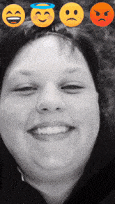 a black and white photo of a woman with various emojis on her head