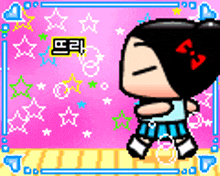 a pixel art of a girl with a red bow on her hair