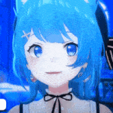 a close up of a blue haired anime girl with a bow around her neck