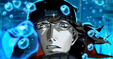 a man in a black hat is surrounded by blue water bubbles