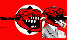 a cartoon of a man smoking a cigarette with two troll faces in the background