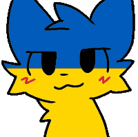 a blue and yellow drawing of a cat with a n on its face