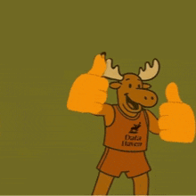 a moose wearing a data haven shirt is giving a thumbs up