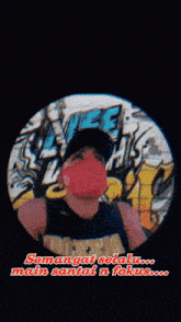 a man wearing a mask with the words semangat selalu main santai n fokus below him