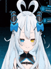 a girl with white hair and horns has a blue bow in her hair and yellow eyes