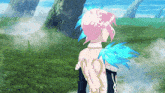 a woman with pink hair and blue wings is standing in a field