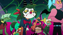 a group of cartoon characters including a clown and a demon