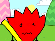a cartoon drawing of a red flame with a yellow stick