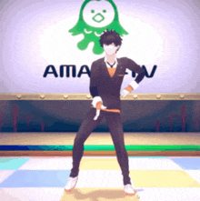 a man in a suit is standing in front of a sign that says ama