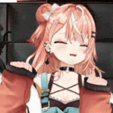 a girl with pink hair is sitting in a chair with her eyes closed and her arms outstretched .