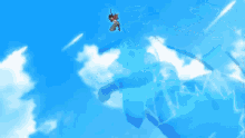 a person is flying through the air with a blue sky behind them