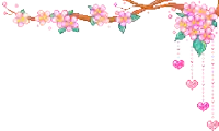 a pixel art of a tree branch with pink flowers and hearts