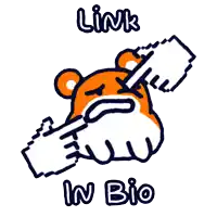 a cartoon of a hamster holding a piece of paper with the words link in bio below it