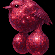 a red bird with a black eye sits on two red balls