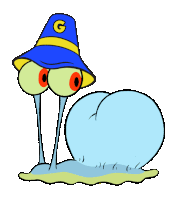 a cartoon snail wearing a blue hat with a g on it