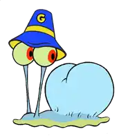 a cartoon snail wearing a blue hat with a g on it