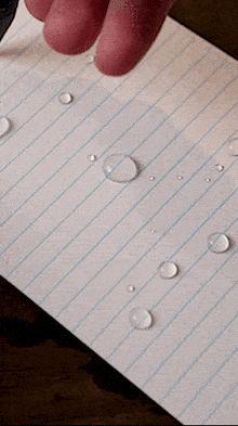 a person is writing on a piece of lined paper with water drops on it