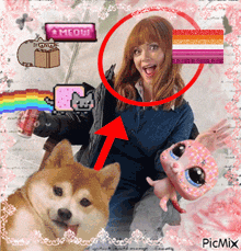 a picture of a woman with a dog a cat and a sign that says meow ..