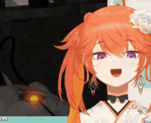 a girl with orange hair and purple eyes is wearing a choker necklace and earrings