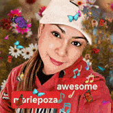 a woman is surrounded by butterflies and music notes and says awesome on the bottom